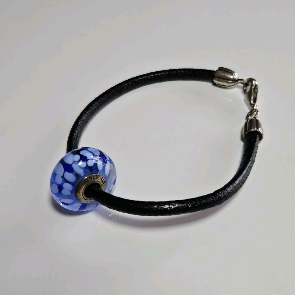 Pandora Black Cord Bracelet W/ Large Blue Flowered Murano Glass Bead 6.75"